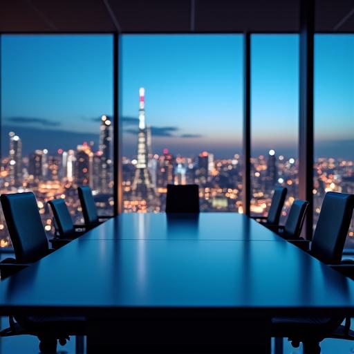 A modern corporate meeting room overlooking the Tokyo skyline.